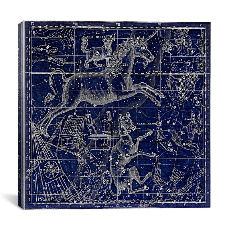 Cartes et graphiques «Atlas céleste - planche 25 (Canis Major)» par Alexander Jamieson, impression sur toile en bleu