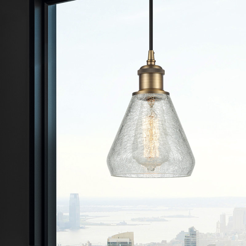 Berlin 1 - Light Single Pendant, Clear Crackle, 6 Watt Vinage LED Bulb, Brushed Brass