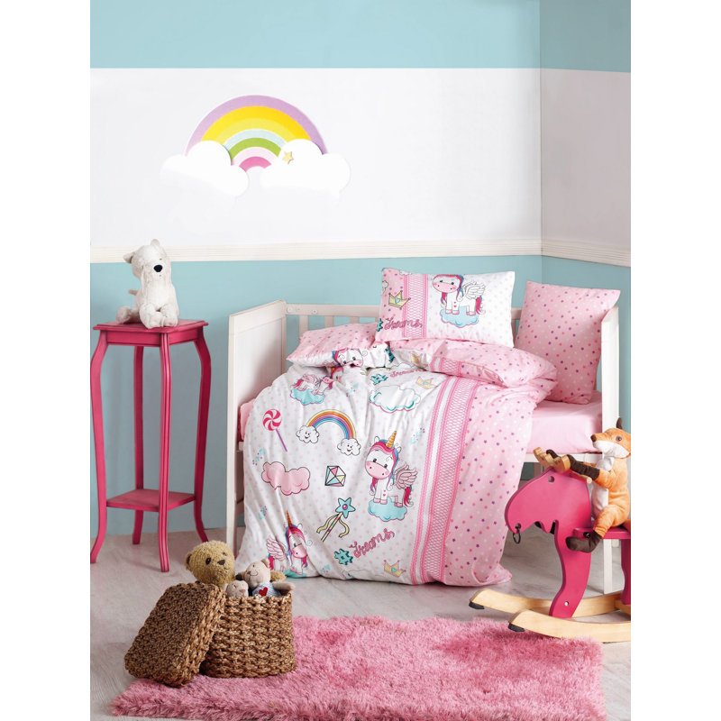 Ensemble de housse de couette douce et élégante pour bébé, 2 taies d'oreiller et housse de couette Ranforce, 39,4 po x 59,1 po | 100% coton, imprimé pigmentaire, lavable à la machine | Rose, blanc et turquoise | Décoration de chambre de bébé confortable et adorable