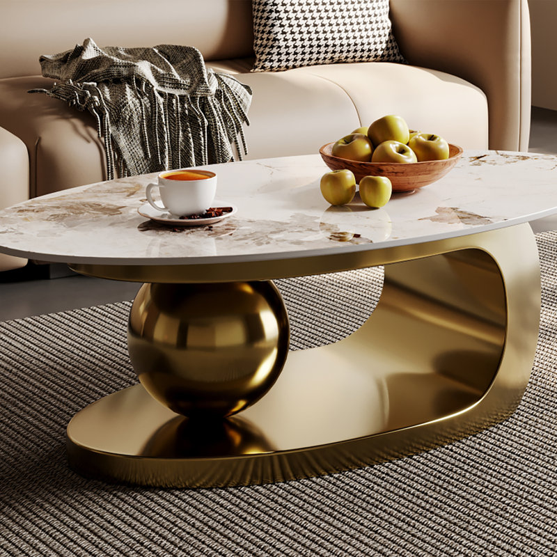 51.2" Modern Faux Marble Oval Coffee Table with Gold Bottom, Gold, White/Brown Marble