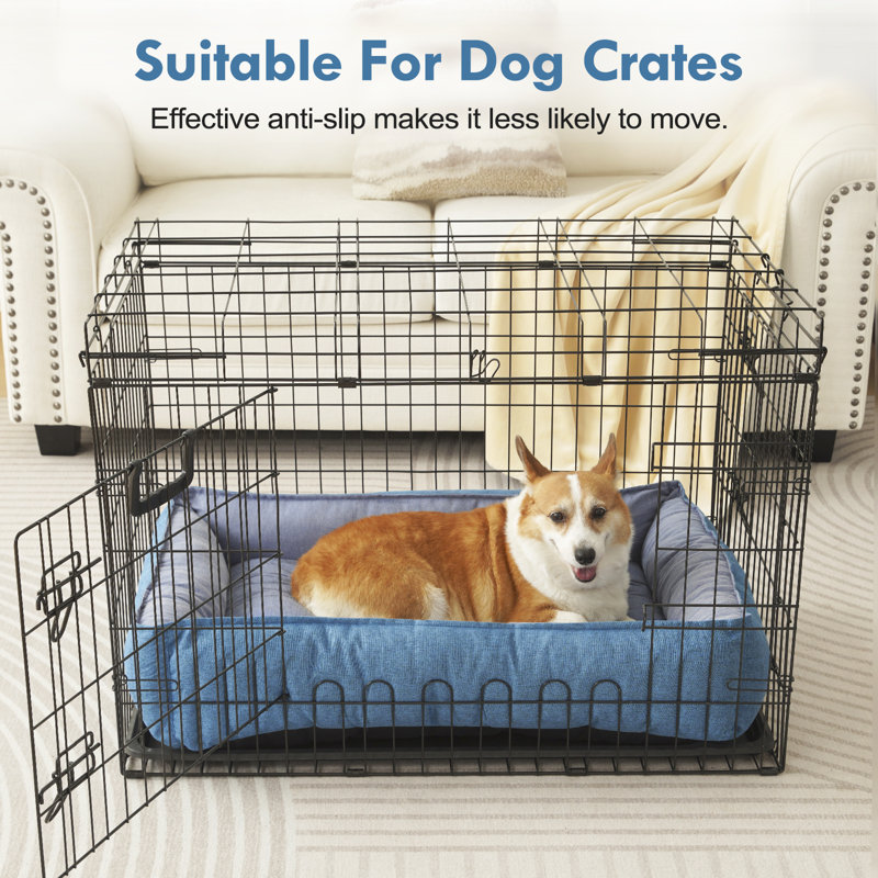 Blue Linen Rectangle Pet Bed with Bolster Cushion