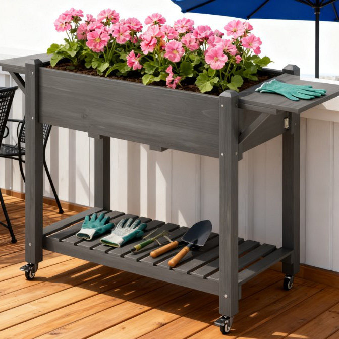 Elevated Garden Bed,Wood Raised Planter Box,With Lockable Wheels,Side Tables,Bottom Shelf,Drain Holes, Gray