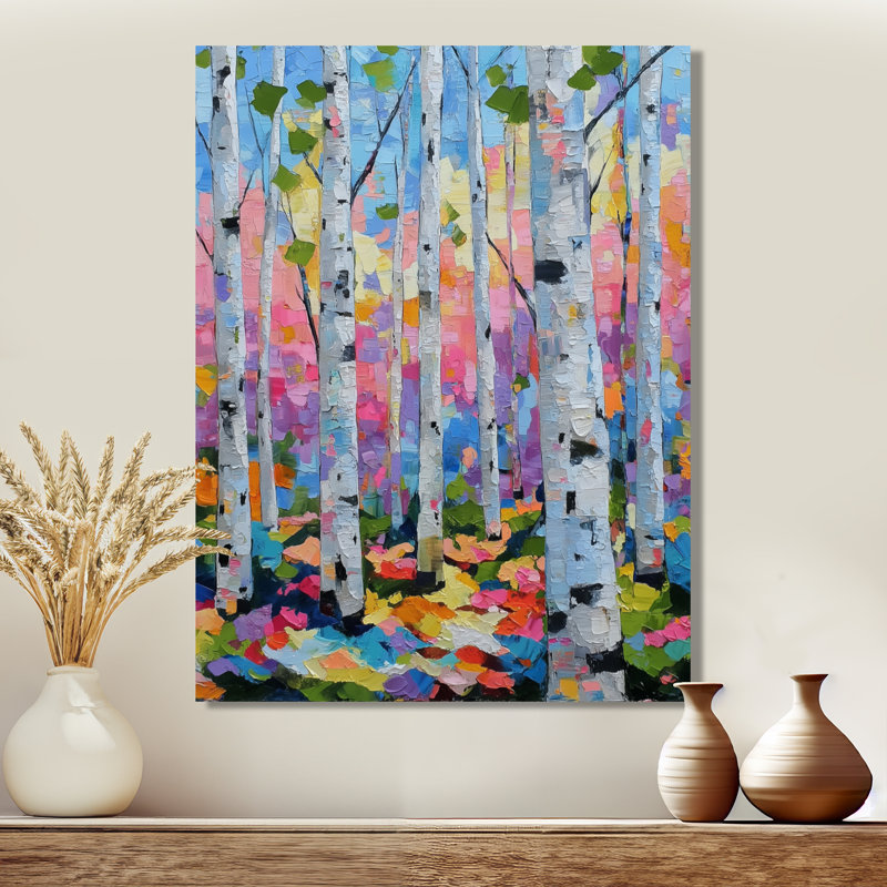 «Pink Orange Vibrant Birch Forest», impression d'art sur toile rose nature, H 20 po x l 12 po, Toile tendue