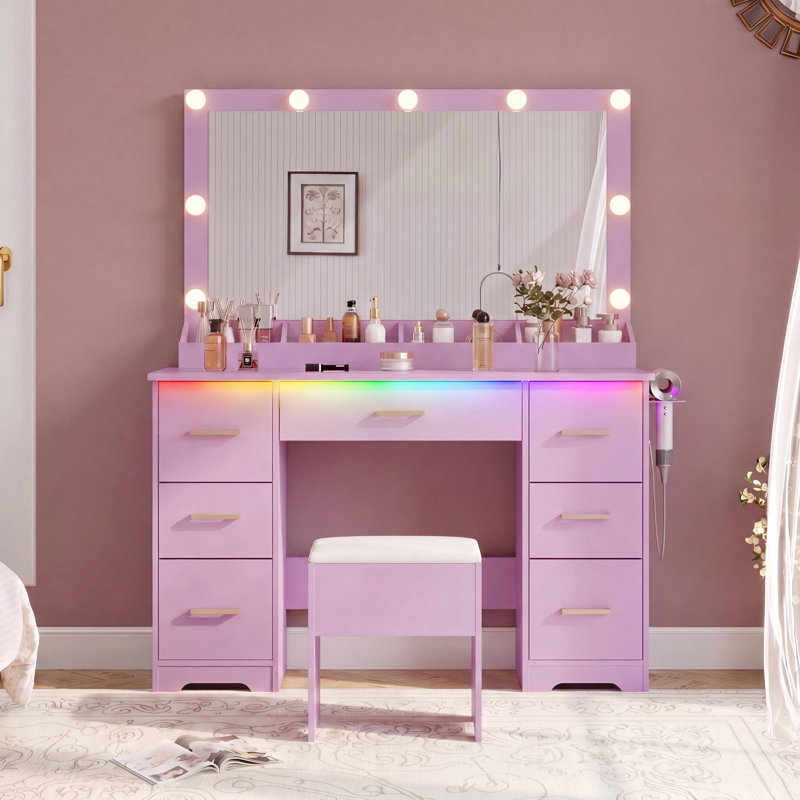 Bureau de coiffeuse avec tabouret - Miroir lumineux à DEL, Purple