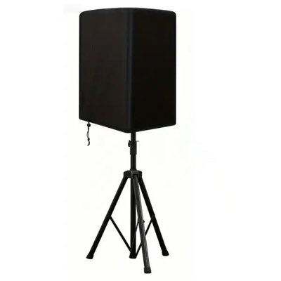 Housse noire pour haut-parleur d'extérieur, protection imperméable et résistante aux UV pour équipement audio, avec cordon de serrage ajustable en bas et couture simple de précision, pour jardin, terrasse ou extérieur.