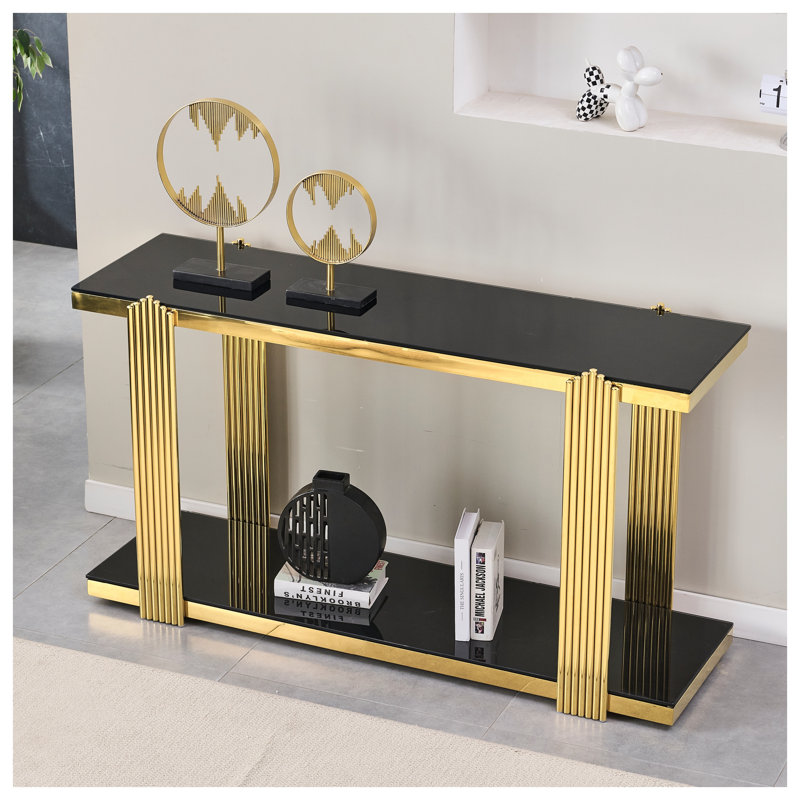 Console miroir de 140 cm avec cadre doré et plateau en verre trempé noir, meuble de rangement moderne à deux niveaux pour entrée