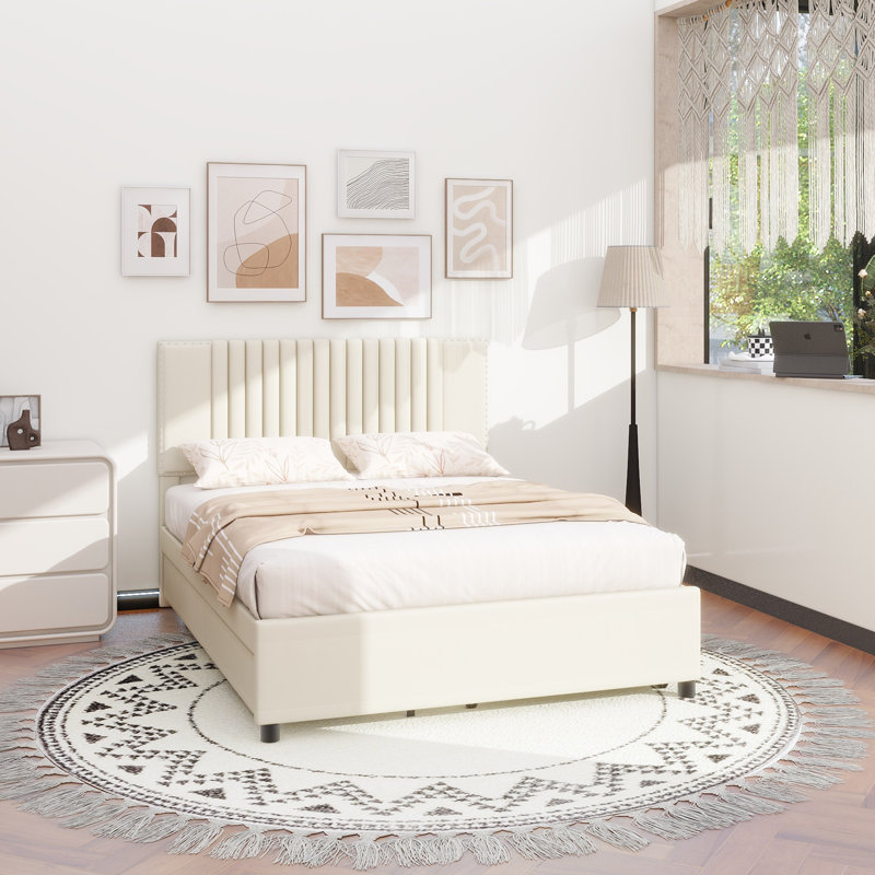 Lit plateforme tapissier avec 2 tiroirs et 1 lit gigogne simple, tête de lit classique, Beige, Lit double