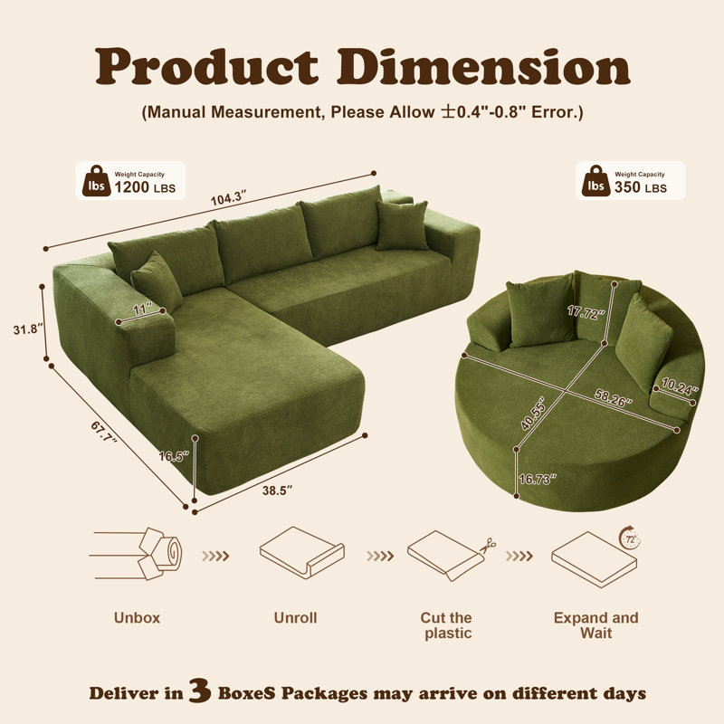 3-Piece No-Assembly Living Room Set, Modern Sectional Sofa With Loveseat And Chaise Lounge, Left Hand Facing, Green Teddy
