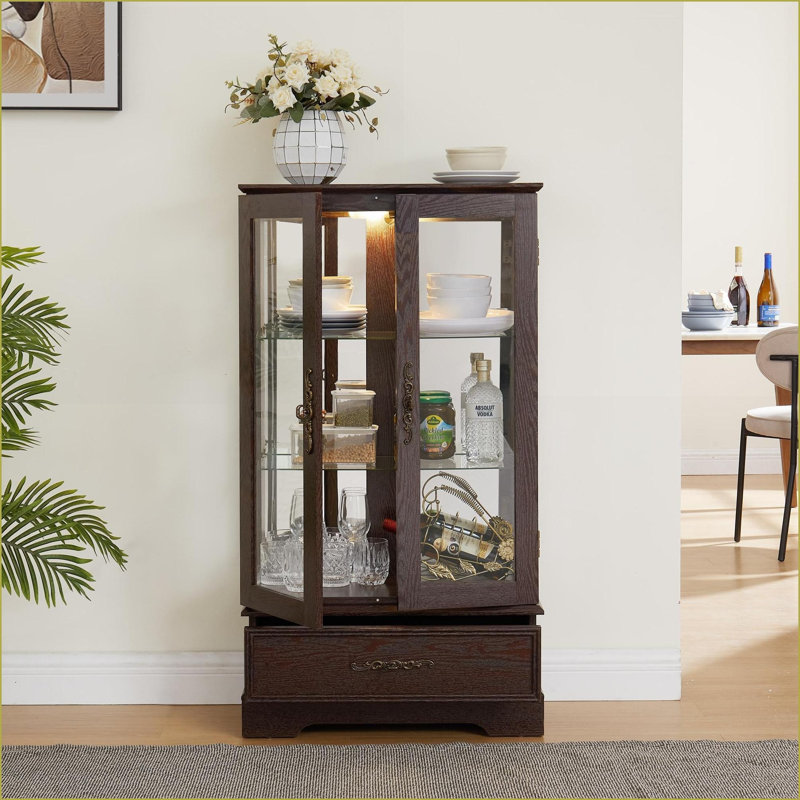Curio Display Cabinet, Vintage Retro Lighted with Adjustable Glass Shelves, 2 Doors, 1 Drawer, Anti-Tip | Cherry | MDF+Glass