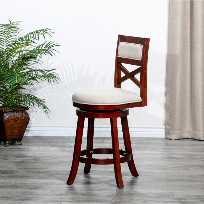 Tabouret pivotant de 24 po de hauteur comptoir, finition cerise, tissu beige, assise confortable et élégante
