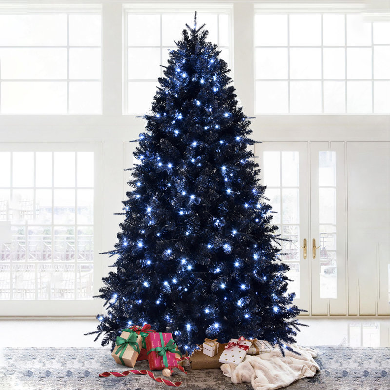 Arbre de Noël noir de 8 pi avec 600 lumières DEL blanches, arbre artificiel 2486 PE + PVC pour décoration d'Halloween et des Fêtes, structure à charnières avec support en métal stable