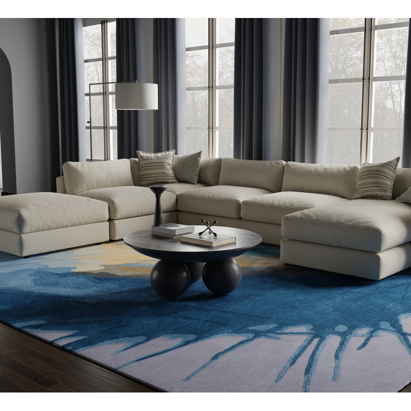 Kawai Hand Knotted Wool Abstract Area Rug in Teal, Rectangle 9' x 12'