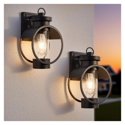 Dusk to Dawn Outdoor Wall Sconce with Seeded Glass Shade, 12-Inch Black Exterior Light Fixture, 2-Pack