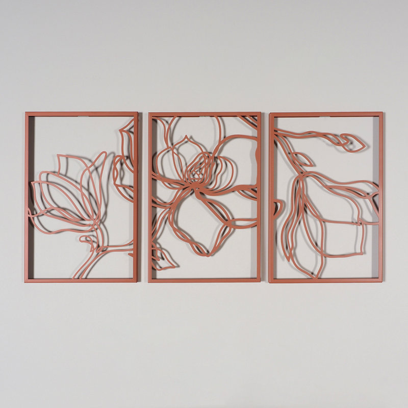 Abstract Red Metal Floral Wall Art Set of 3 Panels