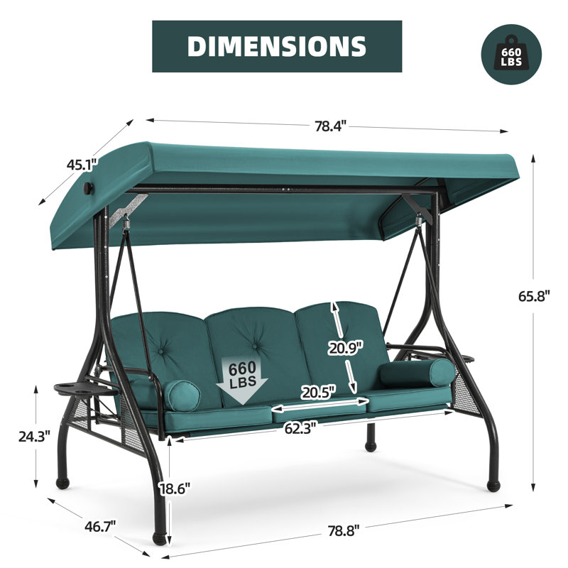 Fassold Outdoor Patio Swing Chair for 3 People, with Removable Cushion and Convertible Canopy, Green