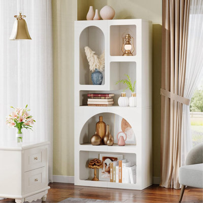 Bibliothèque géométrique arquée blanche à 5 tablettes de 70,87 po de hauteur pour le salon, le bureau et la chambre à coucher