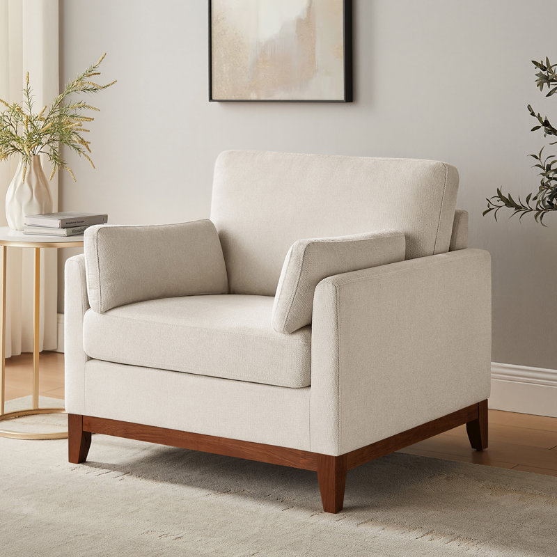 Chenille Accent Chair With Solid Rubberwood Legs, Smoke White