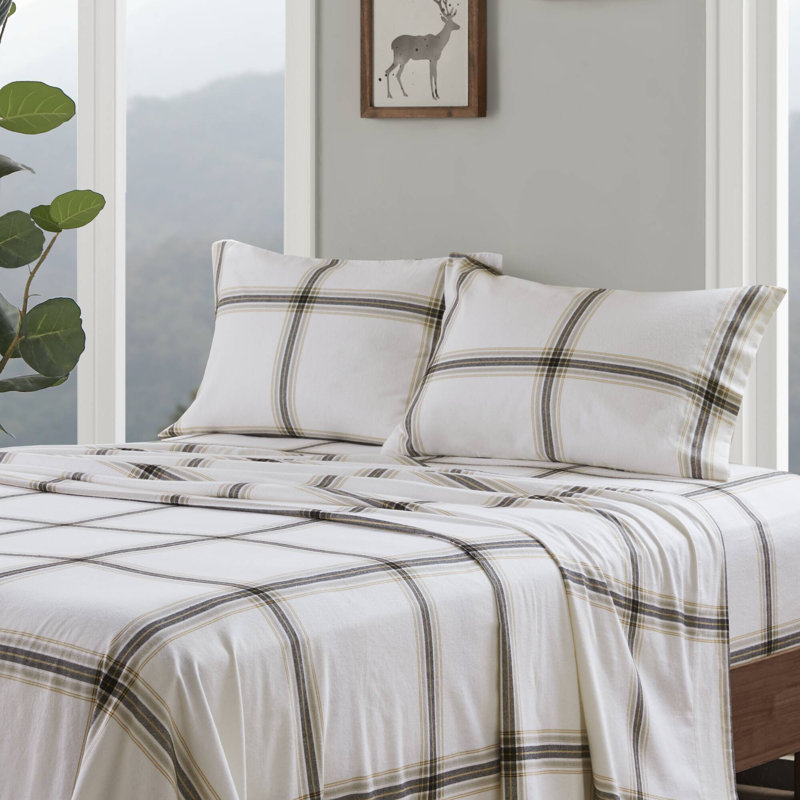 4-piece King Size Tan Plaid Sheet Set - 100% Cotton Flannel, Double-brushed For Velvet Softness, Oeko-tex Certified, Fits Mattresses Up To 14", Machine Washable (1 Fitted Sheet, 1 Flat Sheet, 2 Pillowcases)