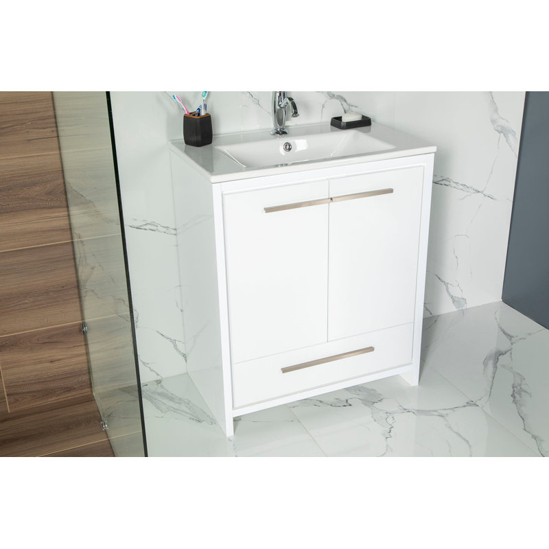 Meuble-lavabo en chêne gris 30 po avec lavabo en porcelaine intégré Ayla, Blanc / Blanc