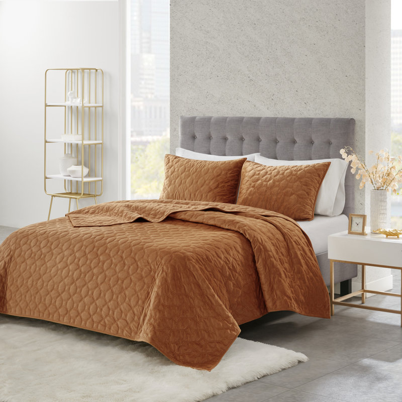 Ensemble de courtepointe en velours de trois articles Harper, Couvre-lit double/grand et 2 taies décoratives st, rouille