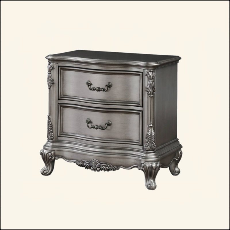 Table de chevet en bois avec 2 tiroirs au fini platine antique