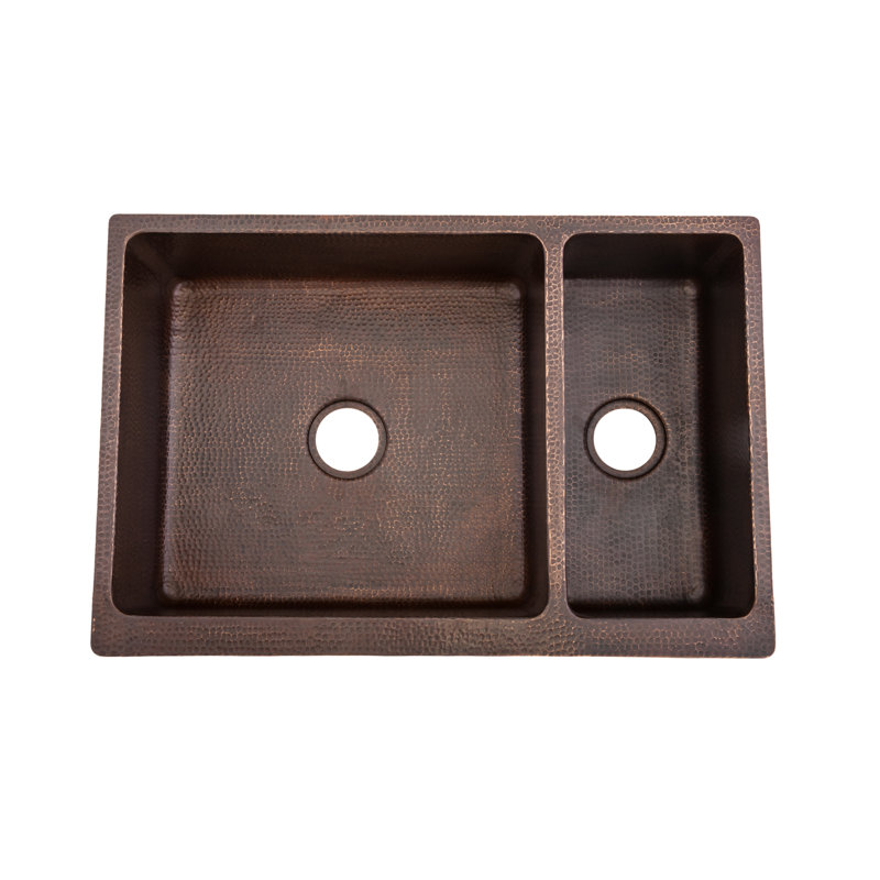 33" Hammered Copper Kitchen Apron 75/25 Double Basin Sink with Matching Drains, and Accessories