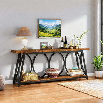 70.9" Long Console Table With Bottom Shelf, Industrial Wood & Black Metal Accent Table, Suitable For Living Rooms, Foyers, Hallways, Etc.