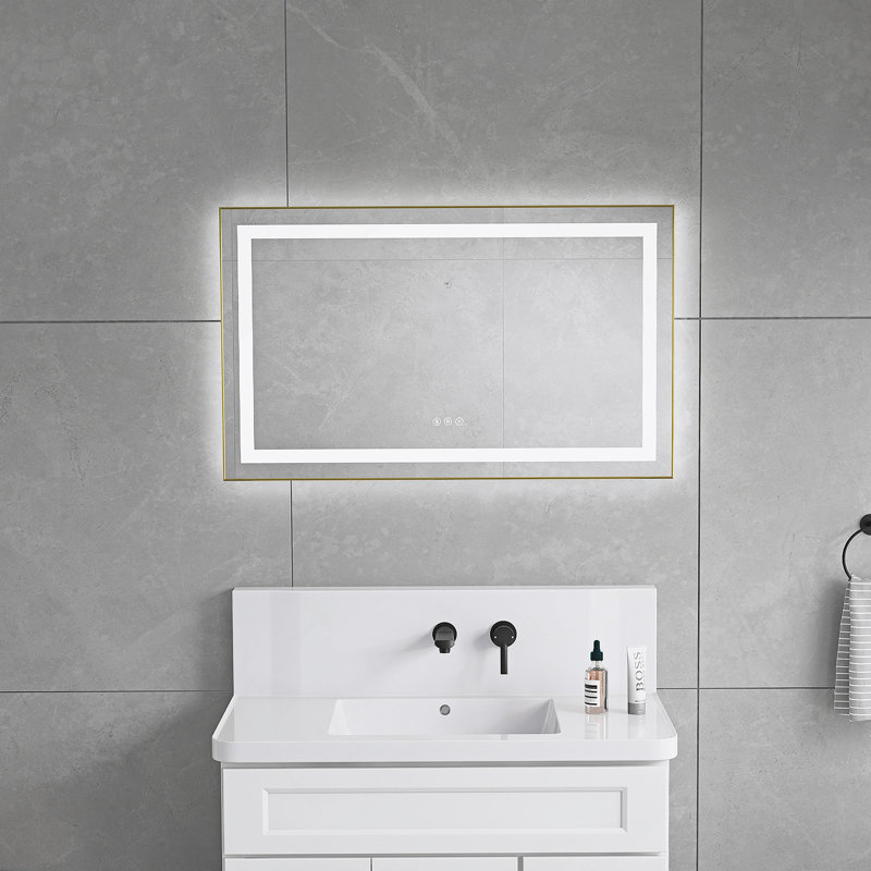 Miroir de salle de bain 40 po x 24 po à DEL avec façade et rétroéclairage, miroir de meuble-lavabo mural avec cadre en aluminium, antibuée, mémoire, 3 couleurs, gradation continue