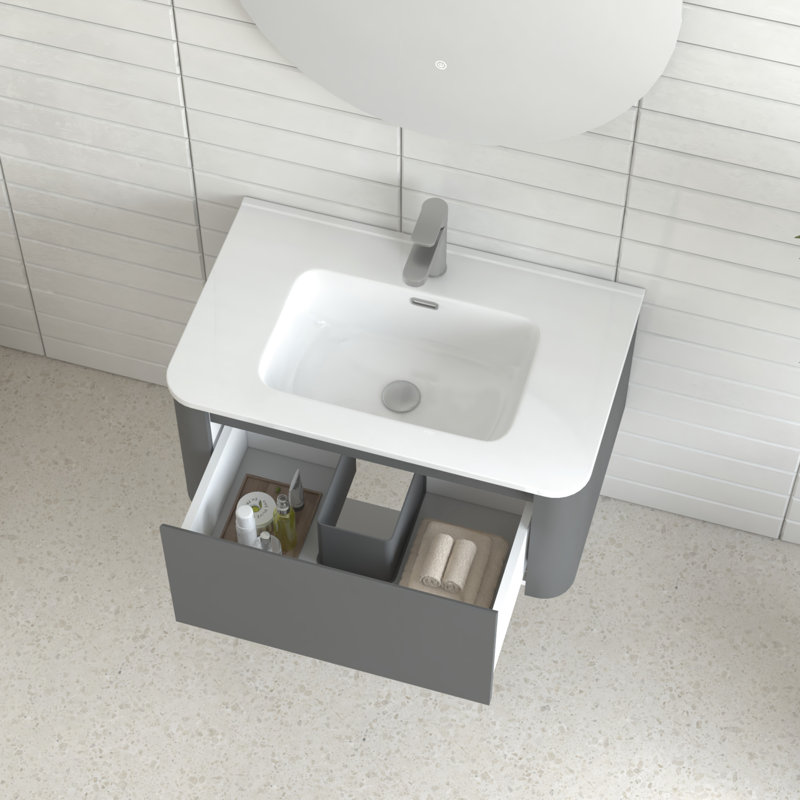 Meuble-lavabo mural de 30 po de couleur grise avec lavabo en céramique blanche sans couture, conception flottante élégante, 45 poignées en angle, tiroir à fermeture en douceur, finition usée, espace de rangement spacieux, style européen intégré