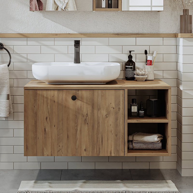 Rosaliyah Bathroom Vanity Unit with Ceramic Washbasin 95cm, Oak