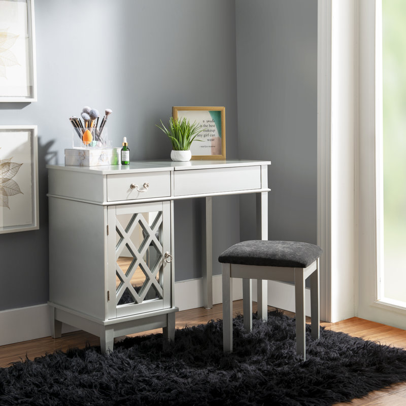 Depuy Contemporary Vanity Set with Mirror and Padded Matching Stool