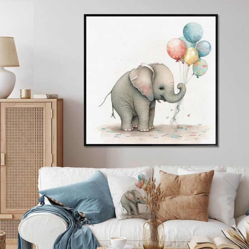 Nursery Adorable Elephant - reproduction sur toile, Cadre flottant noir, H 30 po x l 30 po x P 1 po