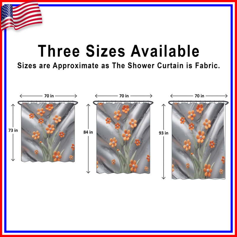 Fleurs orange sur rideaux de douche argentés extra longs, L 70 po x H 93 po