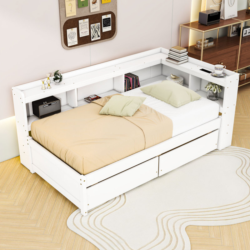 Twin Wooden Daybed with Shelves and Built-in Charging Station,Drawers