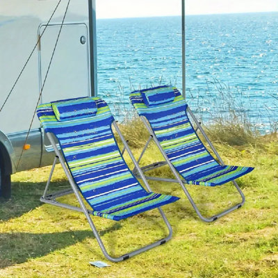 Ensemble de 2 chaises de plage portatives à 3 positions avec appui-tête - Rayures bleues et blanches, fonction pivotante pivotante, structure légère et durable pour une utilisation intérieure / extérieure, chaise de plage pliable, détente extérieure, conception rayée, fabrication robuste