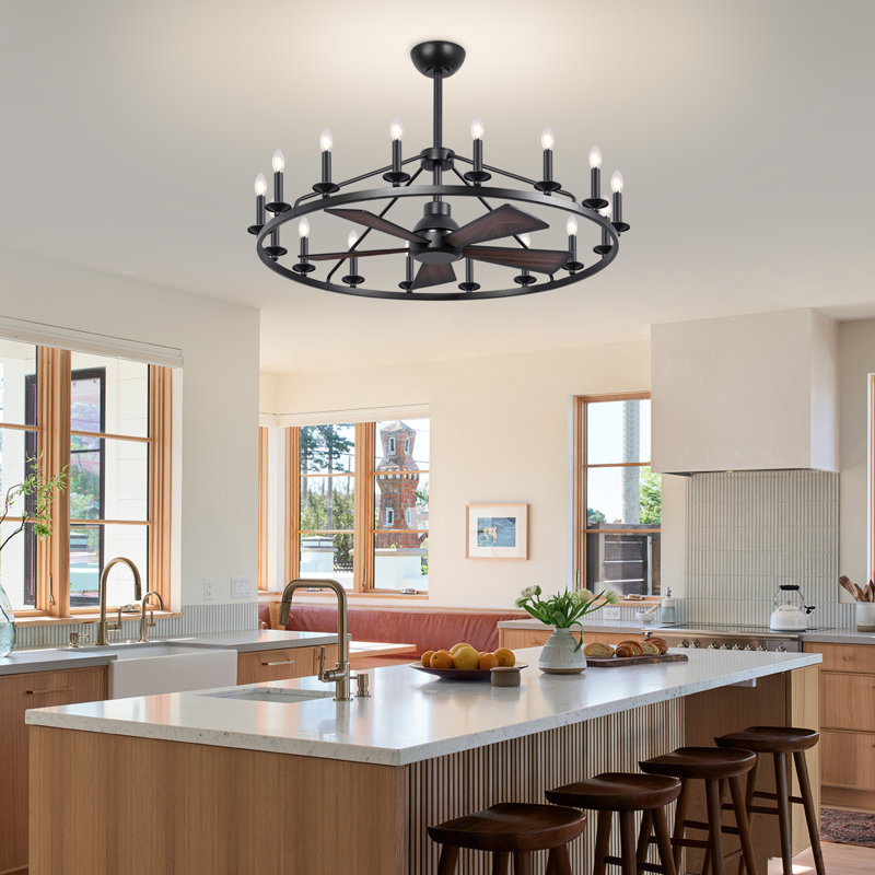 41" Wagon Wheel Chandelier with Fan, Black