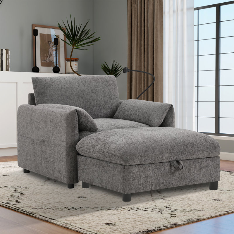 Chaise Lounge Chair Indoor With Storage Ottoman,Chenille Sofa With Usb Port,Cup Holders&Side Pockets, Gray