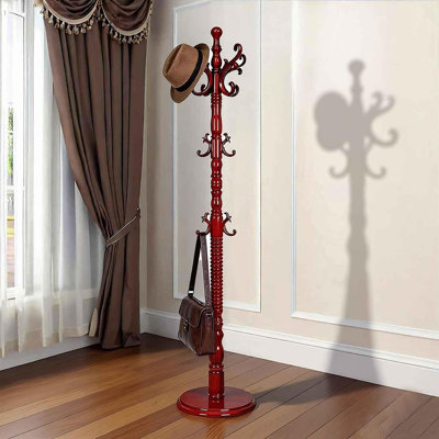 Vintage Solid Wood Coat Rack with 18 Hooks, Adjustable Height, Freestanding Coat Tree with Round Base, Reddish Brown