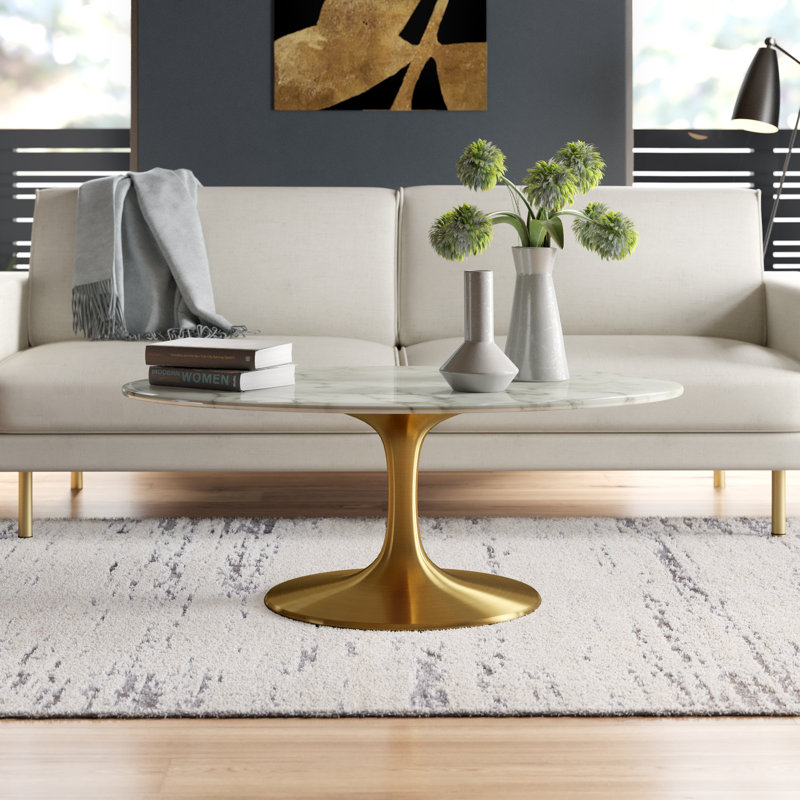 Silver Orchid Fein Oval-Shaped Coffee Table, Gold, 16.5" H x 42" L x 27.5" W, White