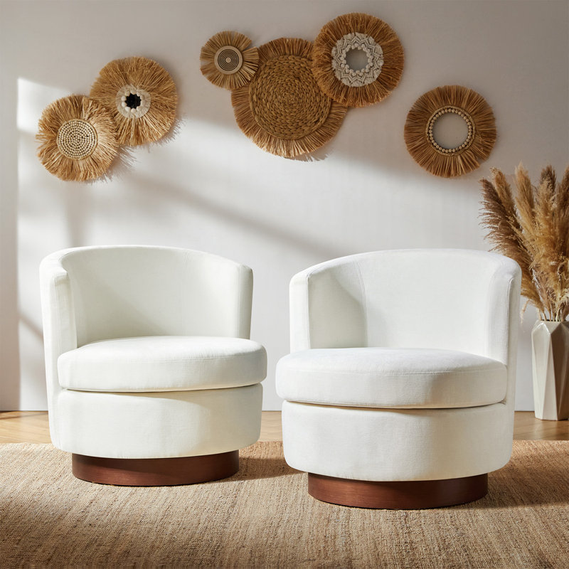 Cabrini 28.5"W Modern Swivel Accent Chair With Solid Wood Base, Ivory Polyester