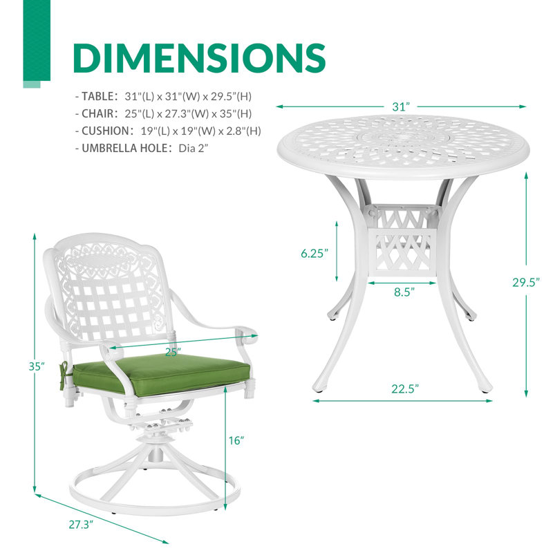 Bloomsbury Market 3-piece Patio Bistro Set, Outdoor All-weather Cast Aluminum Furniture Dining Set, Include 2 Swivel Rocker Chairs And 30.98" Round Table W/umbrella Hole For Balcony, Lawn, Garden, White