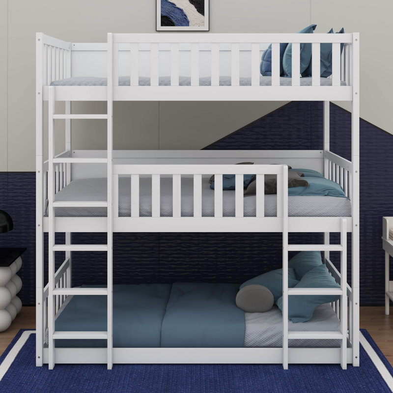 Twin-Sized Triple-Decker Rubber Wood Bunk Bed, Complete With Ladders And Guardrails, White