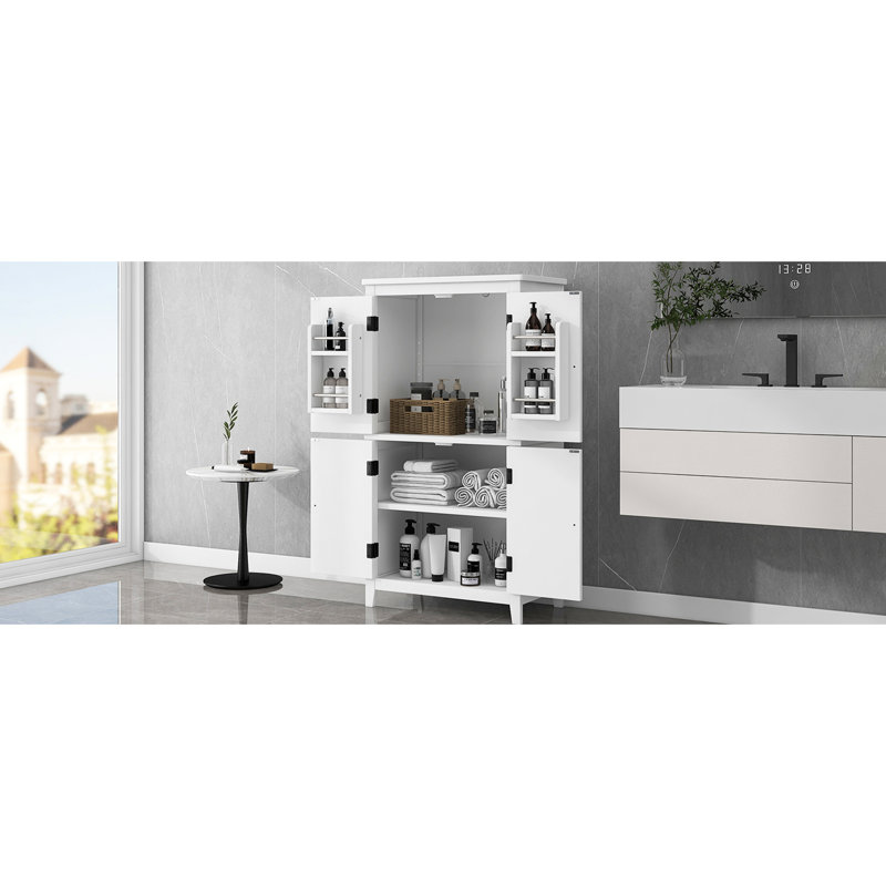 Bathroom Floor Cabinet - 4 Doors Adjustable Shelves Water Surface Freestanding Storage Doors, Shelves, White Color, White