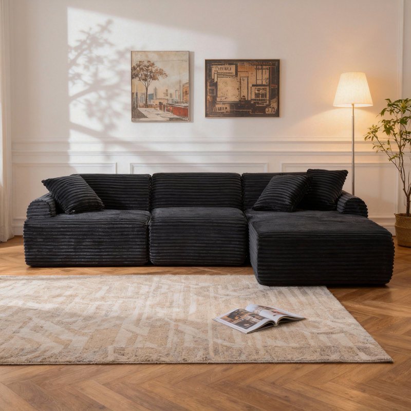 Canapé modulaire 105 po, canapé désossé, canapé compressé, amovible et lavable, housse de canapé remplaçable, tissu d'ameublement texturé tissé moderne, conception convertible en forme de L pour le salon