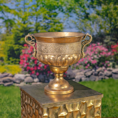 14.6" Tall Frosted Gold Metal Urn "Veritas"
