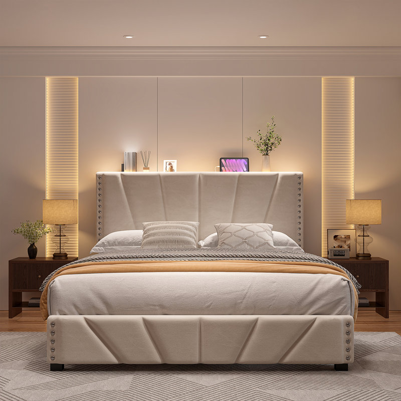 Full Size Velvet Upholstered Storage Platform Bed Frame with Adjustable Height Headboard, LED Lighting, Charging Station and 11.8" Underbed Storage, No Box Spring Needed