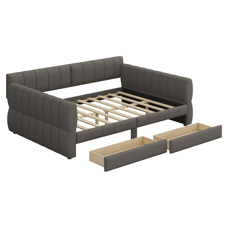 Upholstered Platform Bed With USB And 2 Drawers, Gray