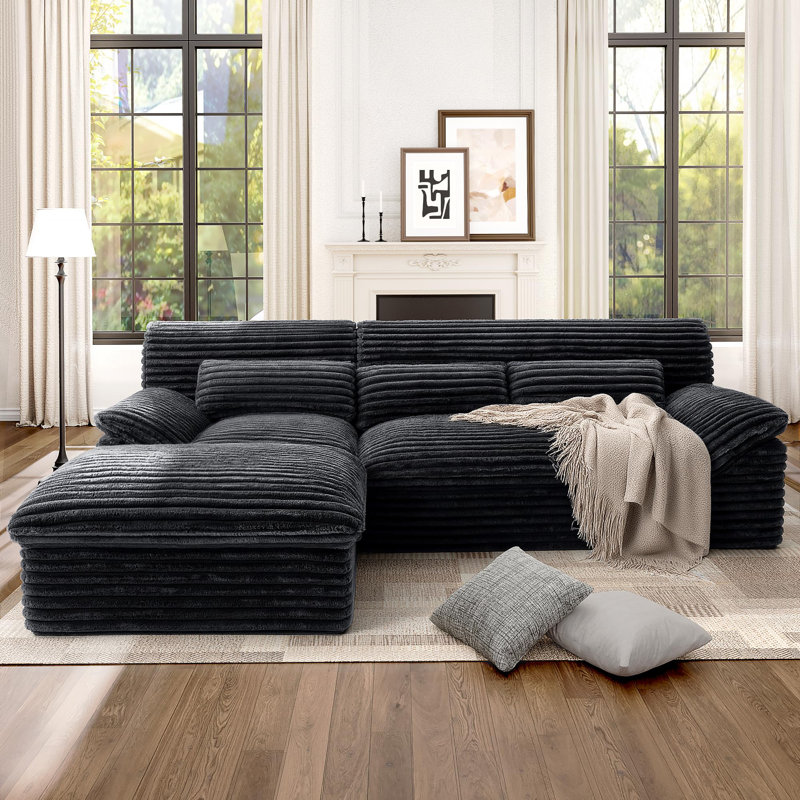 100" L-Shaped Upholstered Corduroy Modular Sectional Sofa with Pillow Back and Removable Ottoman, Gray