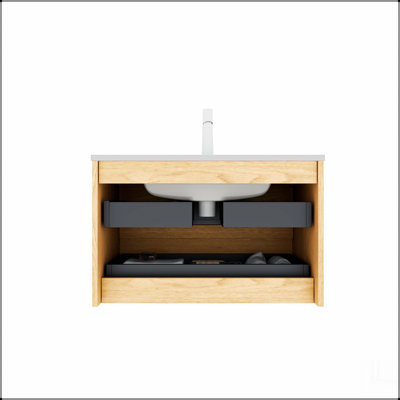 Meuble-lavabo de salle de bain avec lavabo, armoire de rangement murale moderne en contreplaqué flottant avec 2 tiroirs, lavabo en céramique blanche avec couvercle et drain, pré-assemblé, chêne Corolla