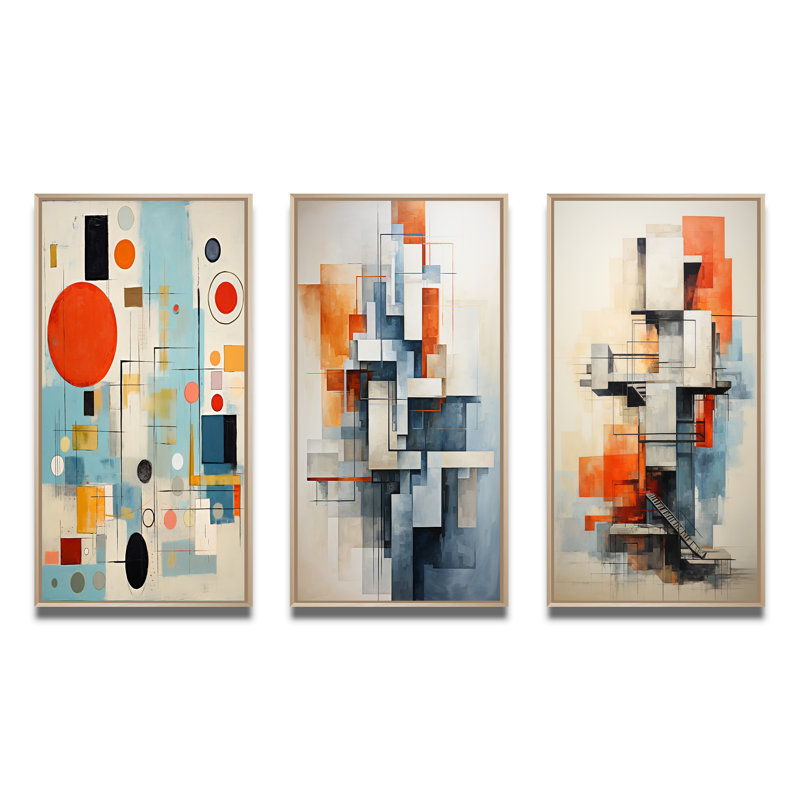 «Blue Orange Mid Century Abstract Retro», 3 pièces sur toile, H 32 po x l 48 po, Cadre naturel flottant